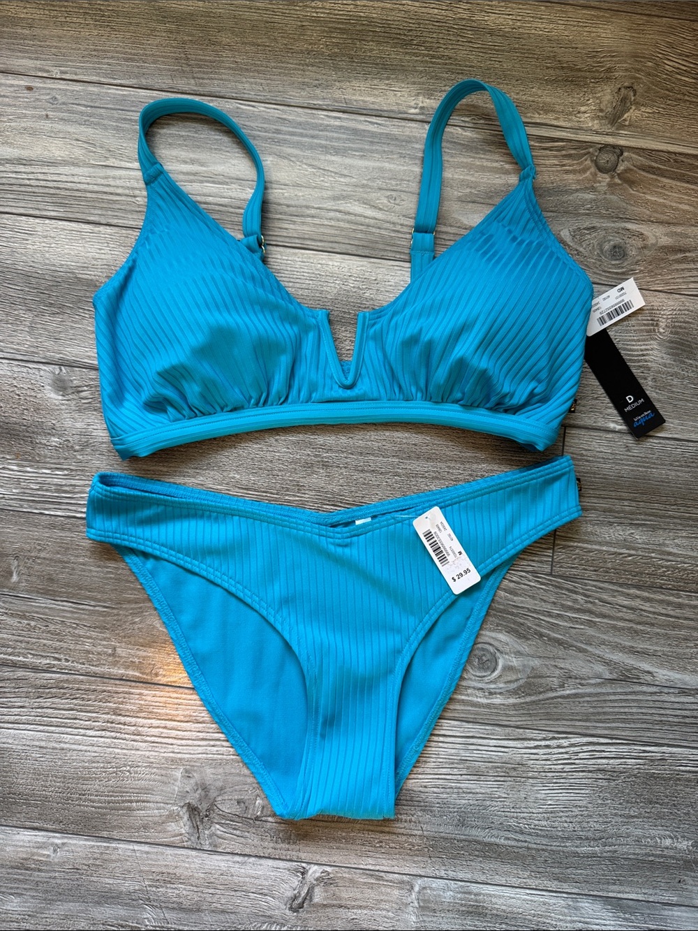 NWT La Vie En Rose D Cup Turquoise Ribbed V-Notch Bikini Set